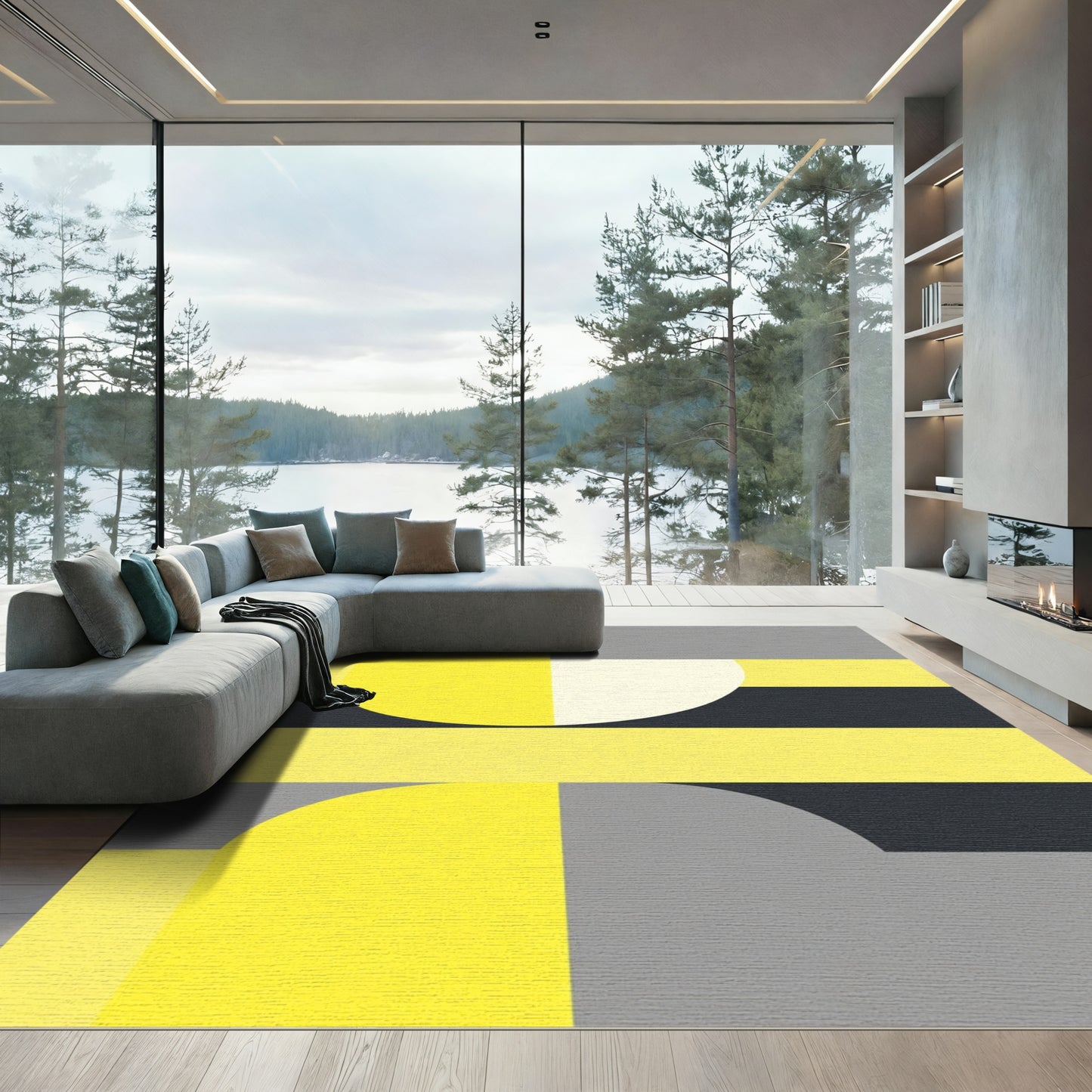 Modern Yellow Gray Geometric Arcs Rug
