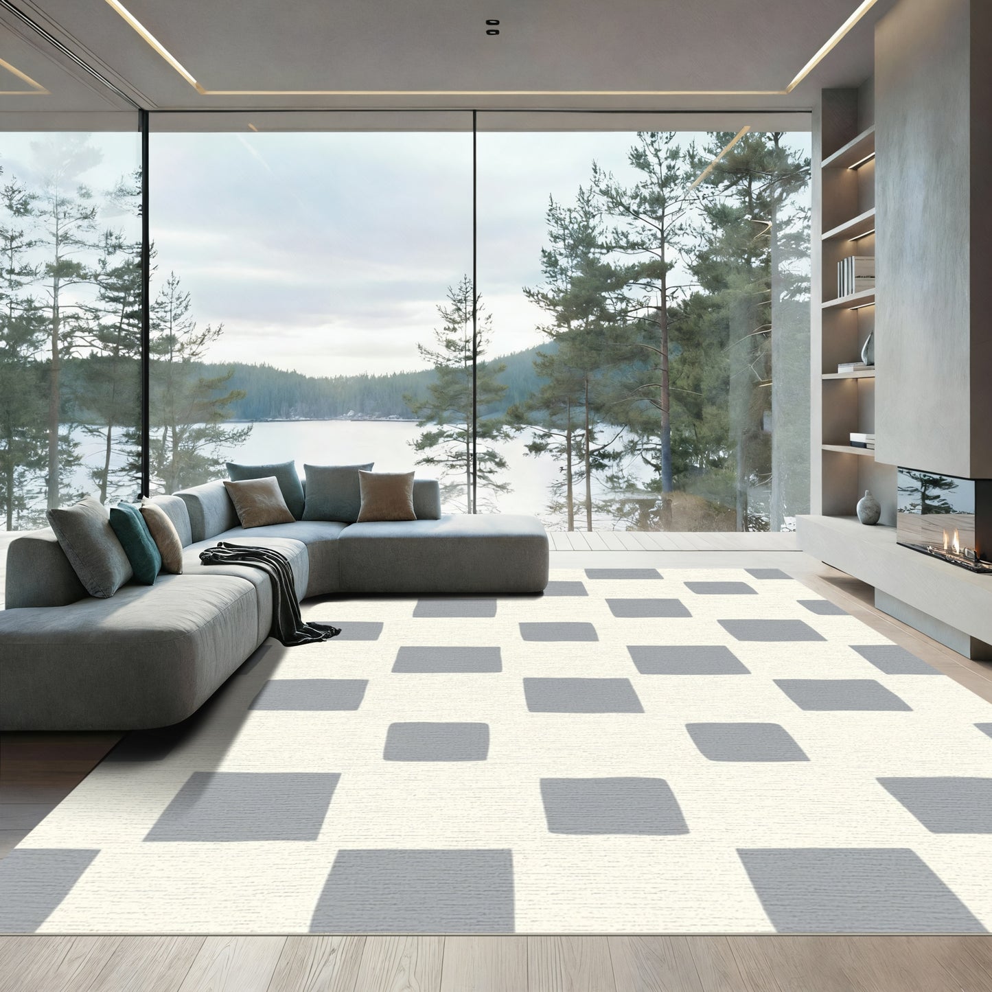 Soft Gray Grid Checkered Rug