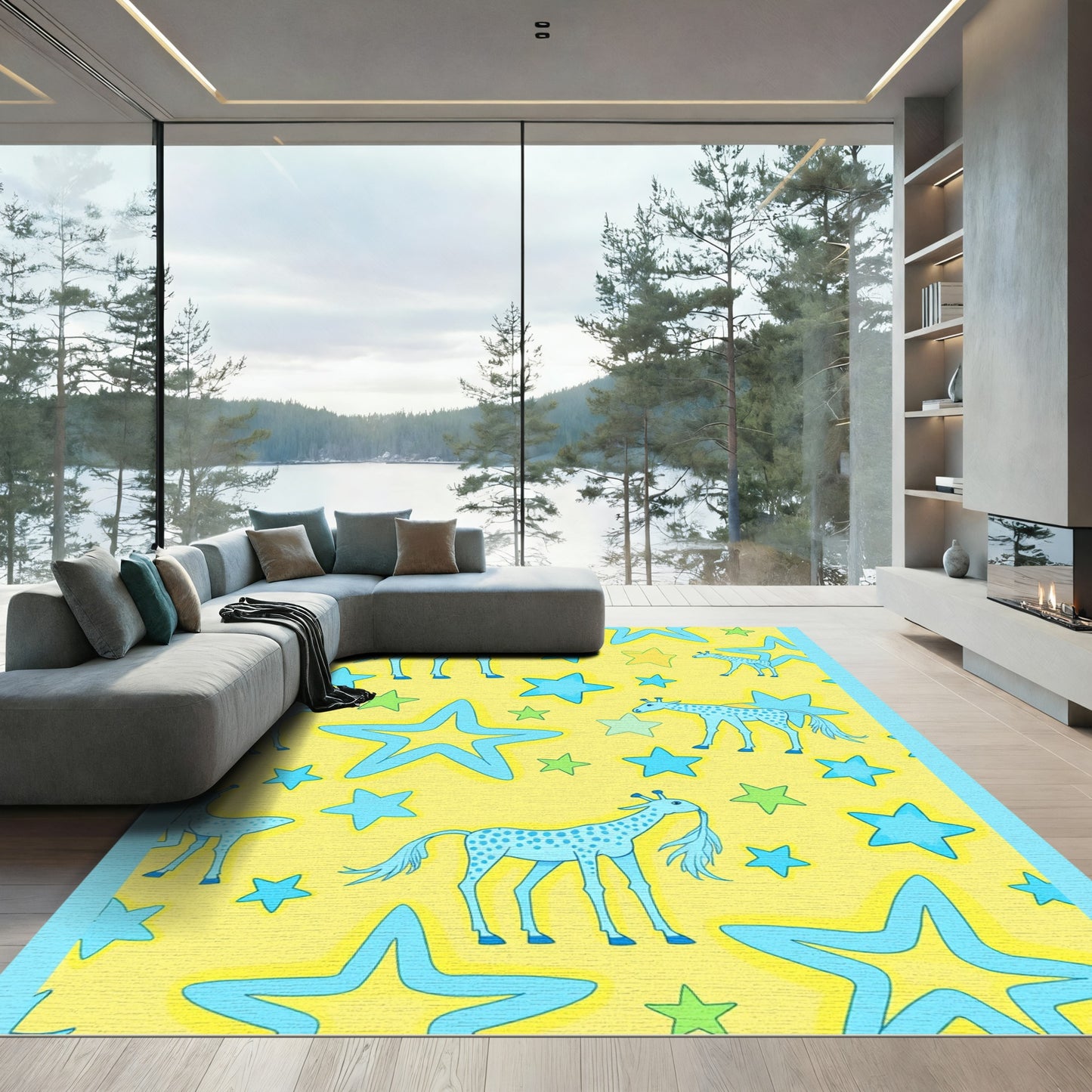 Whimsical Blue Giraffe Starry Yellow Rug