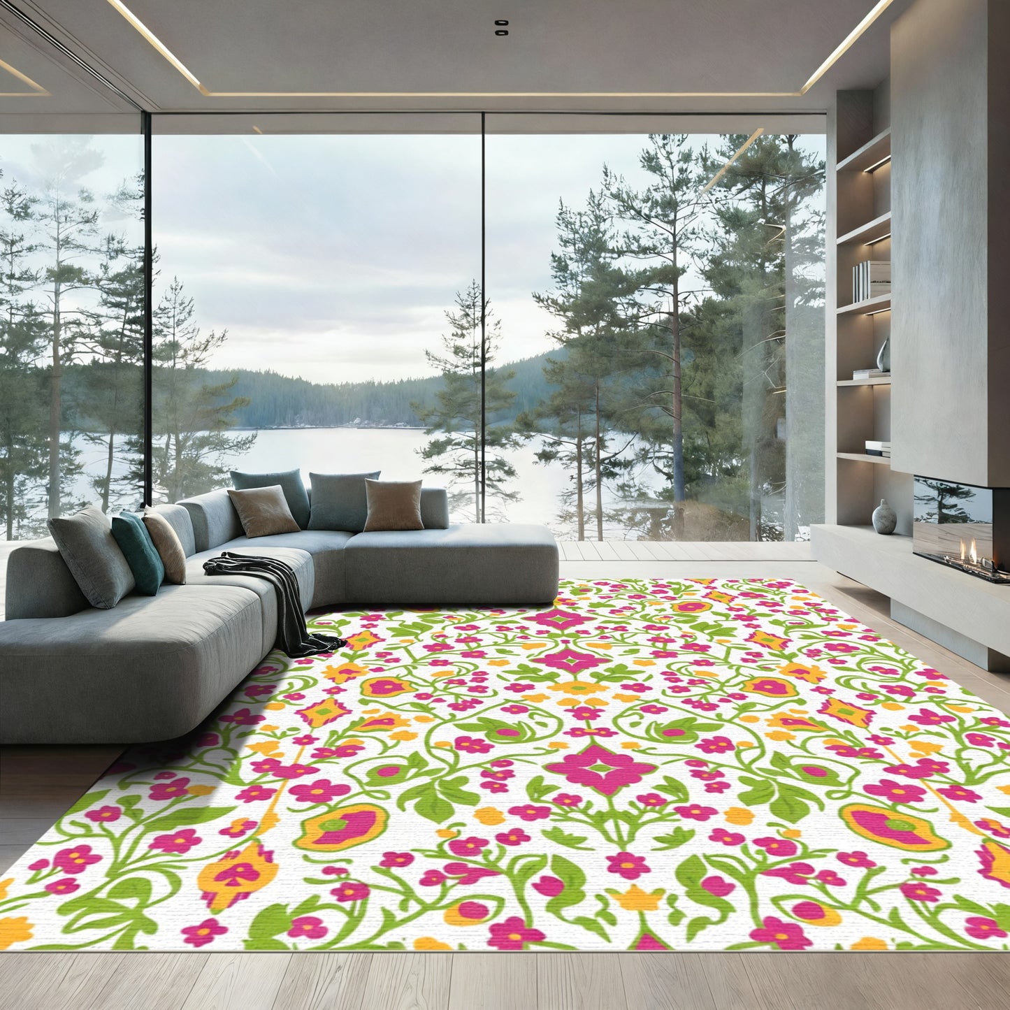 Vibrant Fuchsia Yellow Green Floral Vine Rug