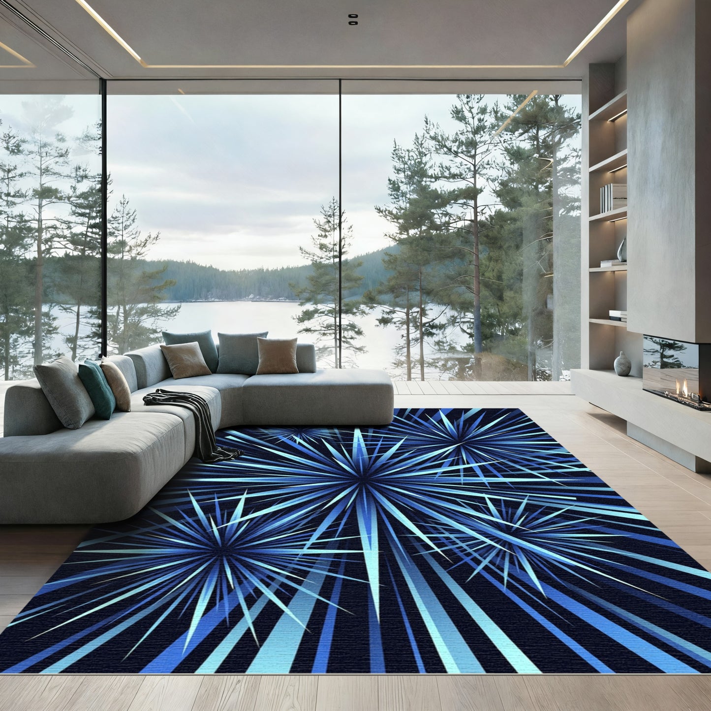 Dynamic Blue Starburst Explosion Rug