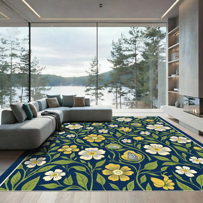 Navy Blue Yellow Floral Foliage Rug