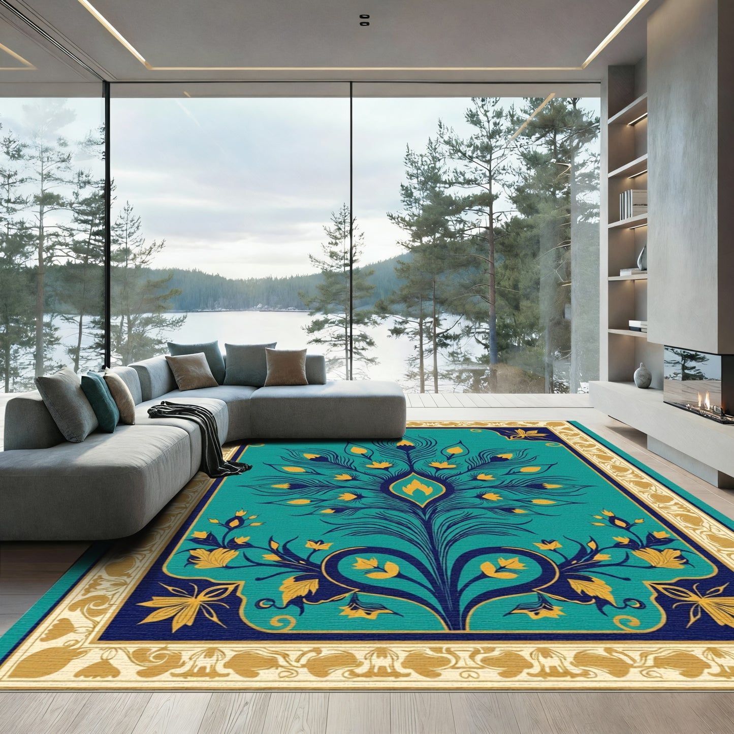 Teal And Gold Peacock Feather Border Rug