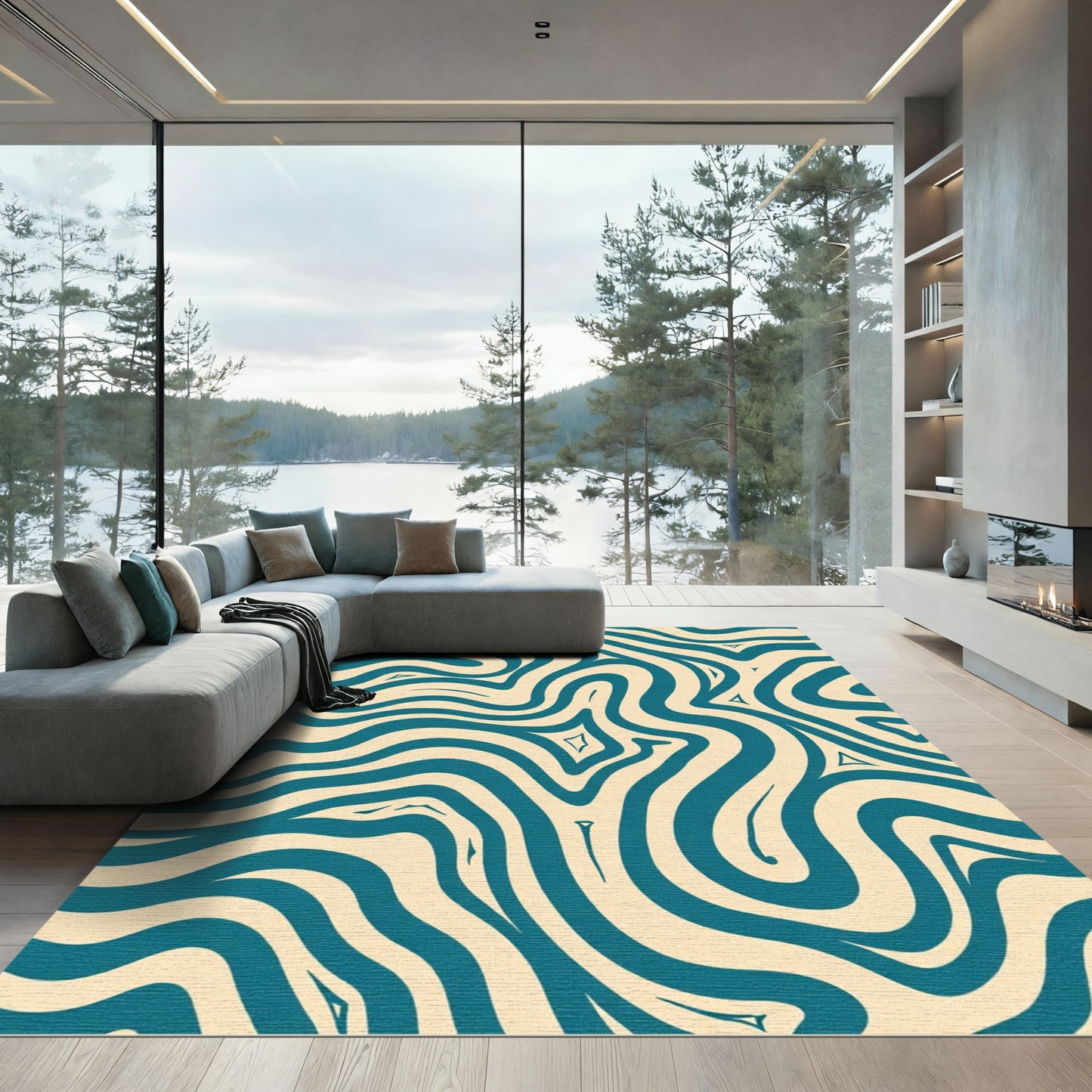 Teal Cream Swirling Abstract Ripples Rug