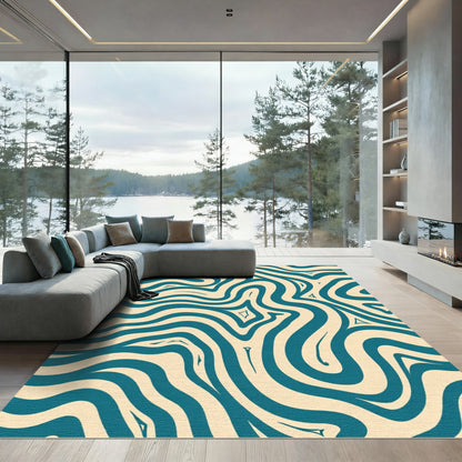 Teal Cream Swirling Abstract Ripples Rug