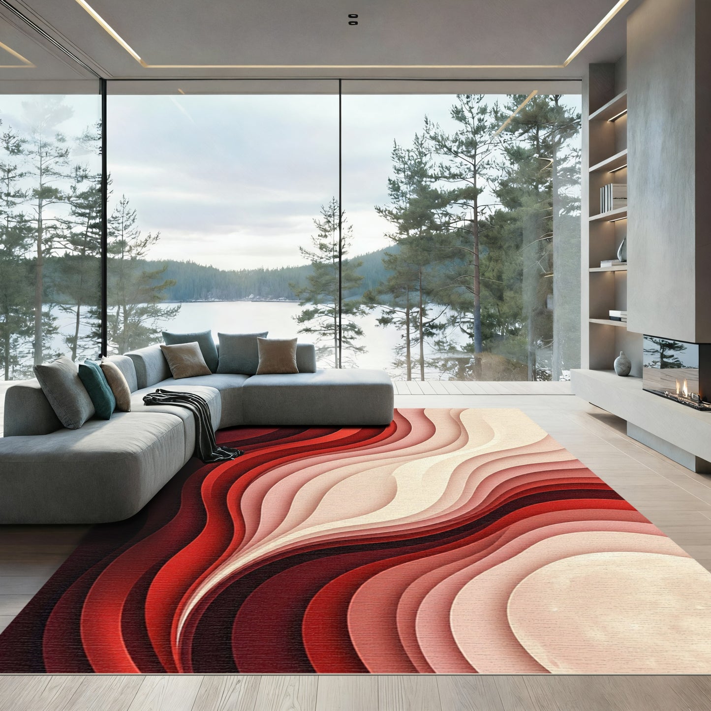Crimson Red Gradient Wave Rug