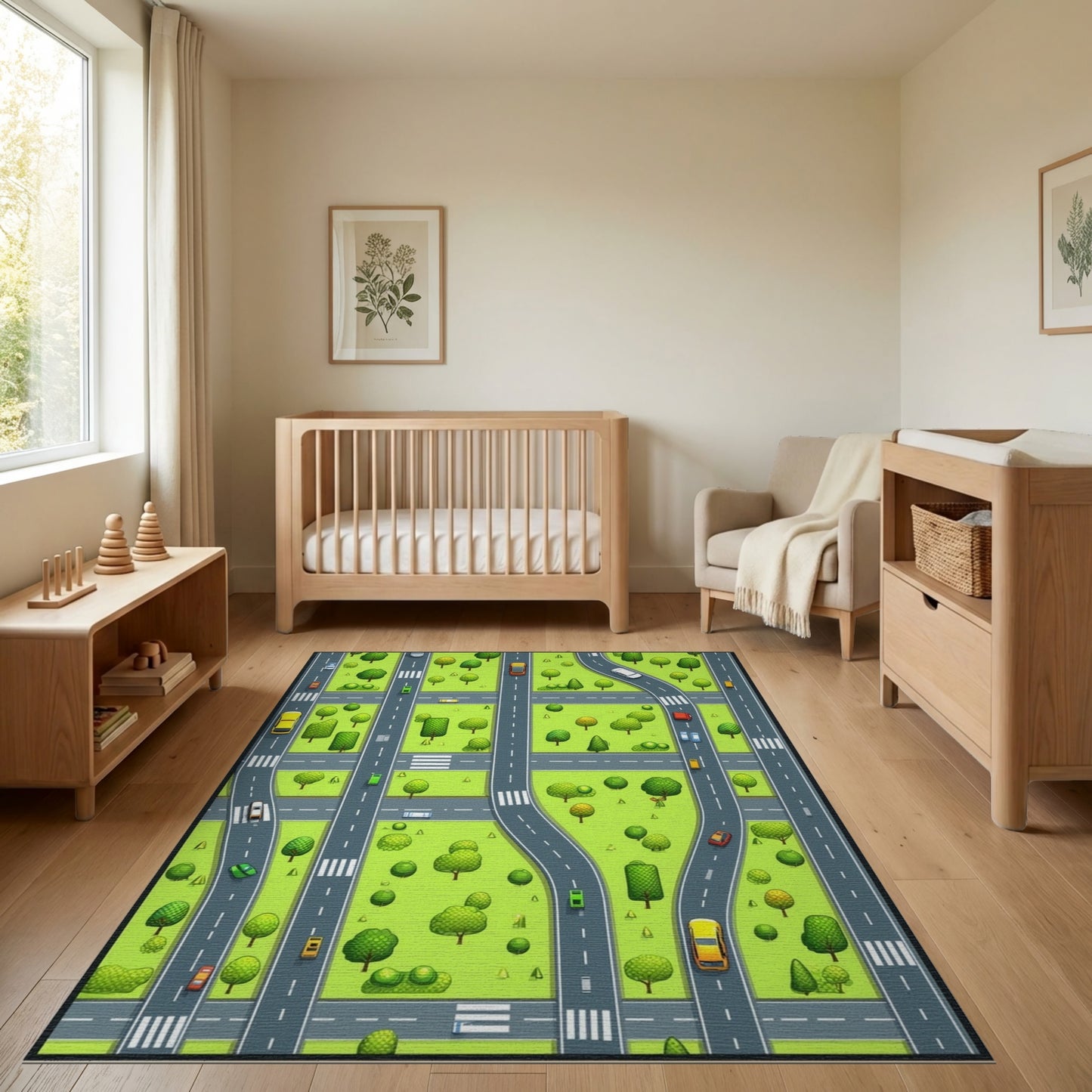 Vibrant City Roads Trees Cars Rug