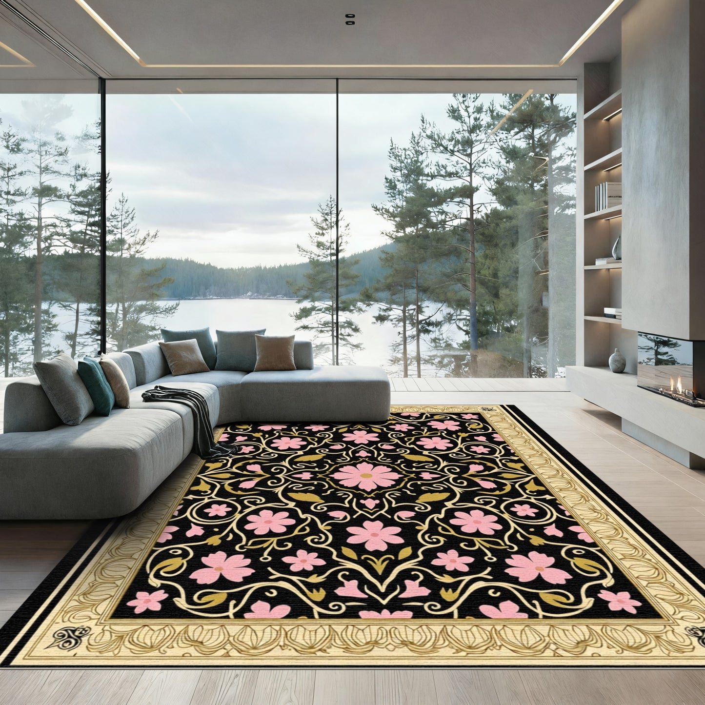 Black Pink Gold Floral Swirl Border Rug