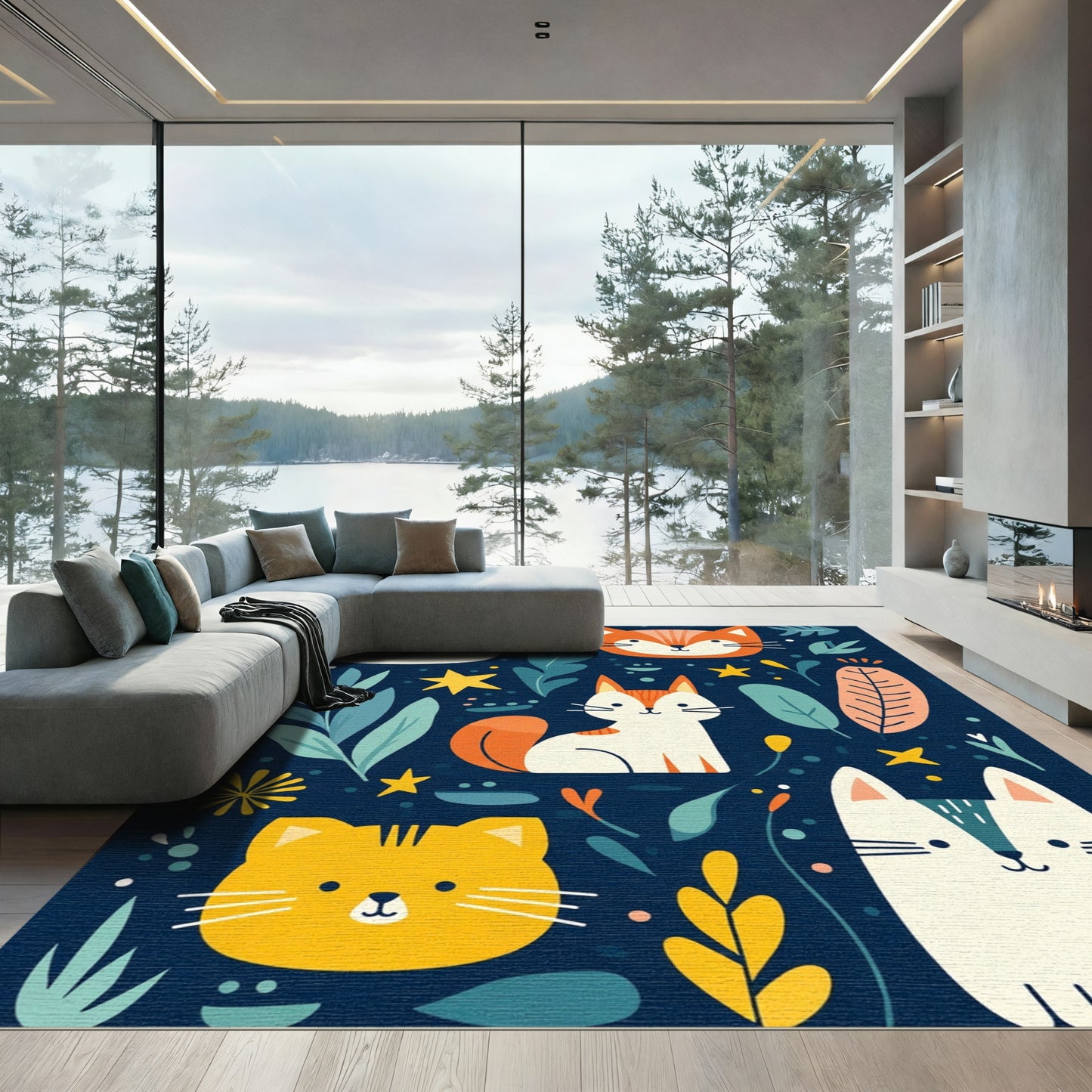 Whimsical Cats and Leaves Navy Rug