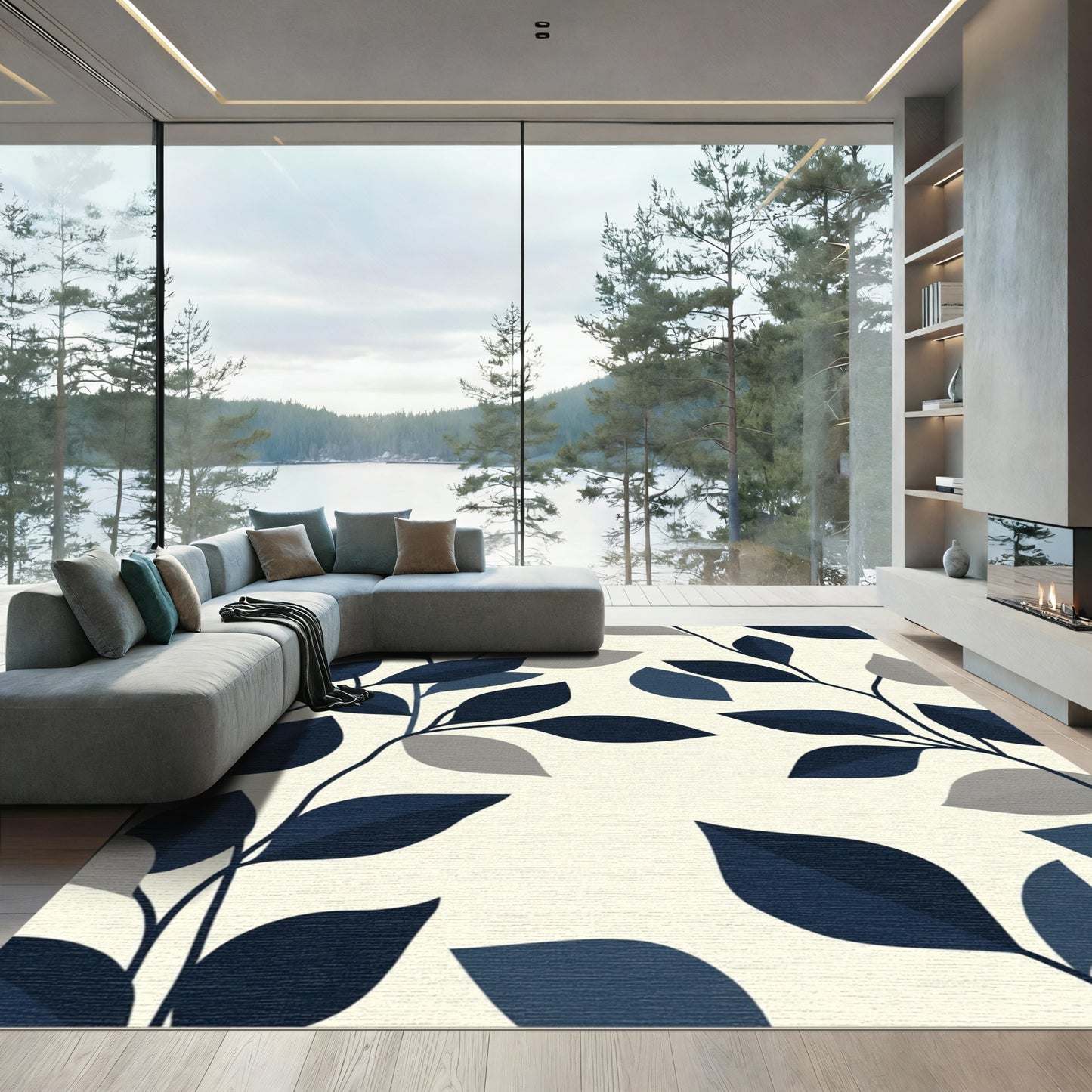 Navy Blue Gray Leaf Branches Rug