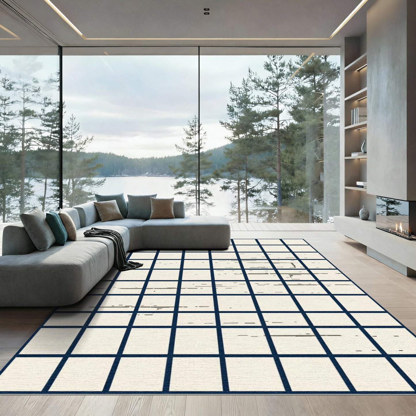 Minimalist Cream Grid Abstract Lines Rug
