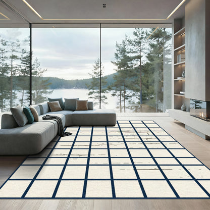 Minimalist Cream Grid Abstract Lines Rug