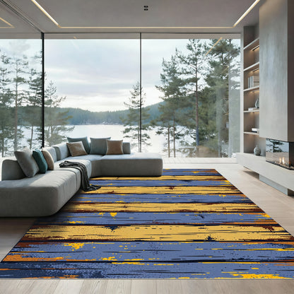 Weathered Blue and Golden Striped Planks Rug