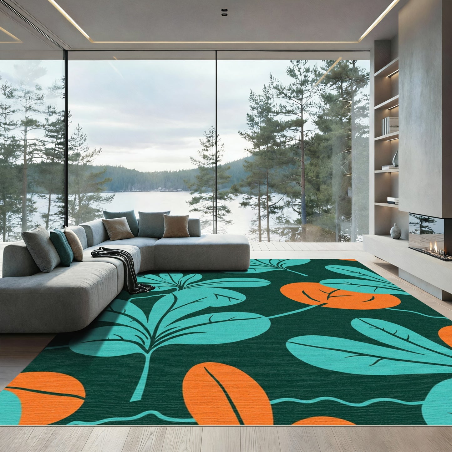 Teal Leaf Orange Orb Repeating Rug