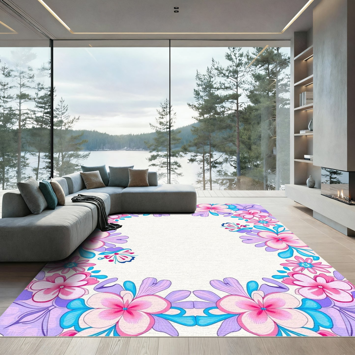 Whimsical Pink Blue Floral Frame Rug