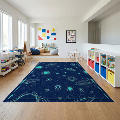 Navy Cyan Planets Rings Stars Rug