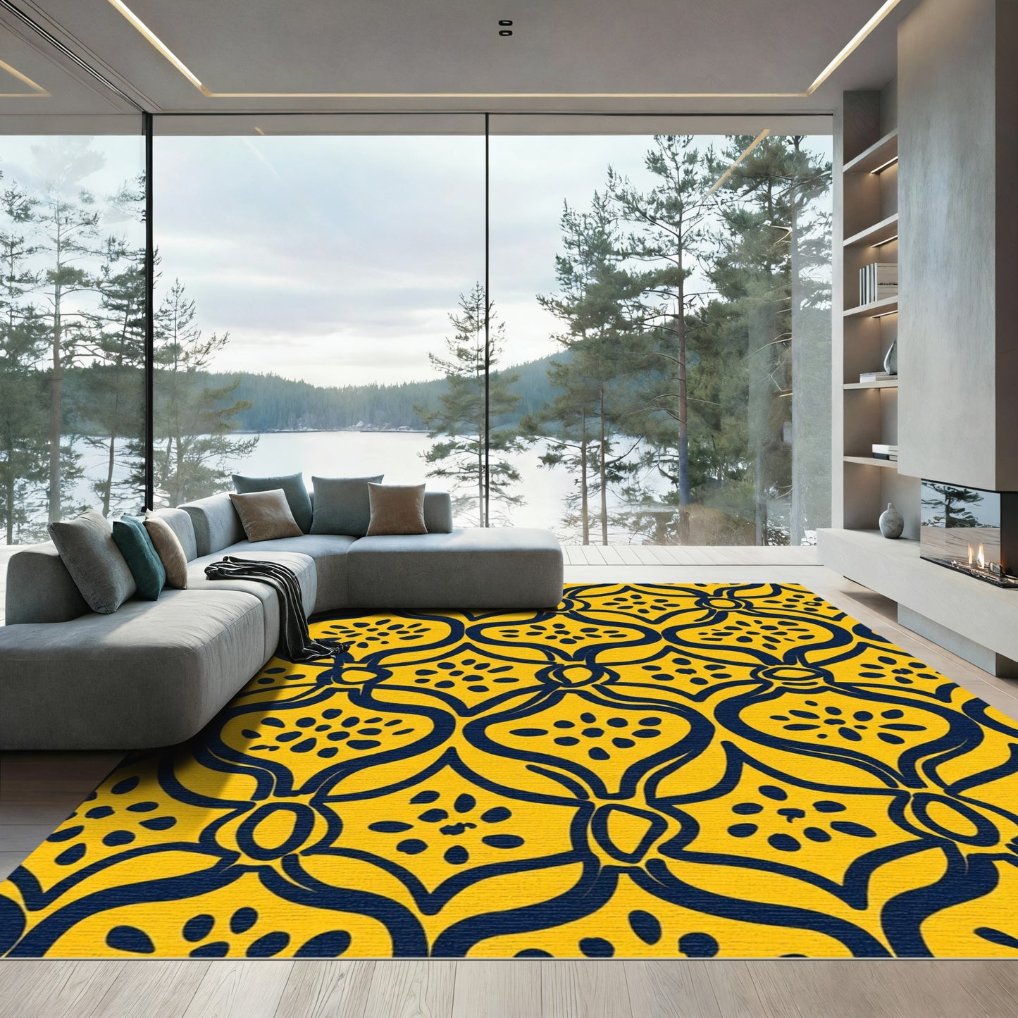 Yellow Navy Curving Medallion Floral Rug