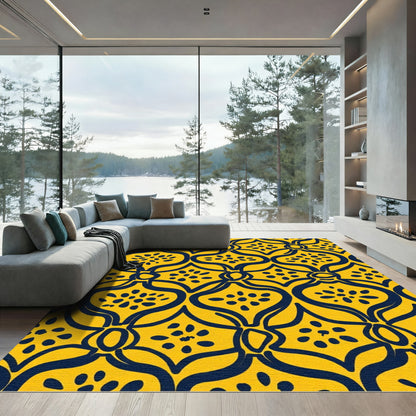 Yellow Navy Curving Medallion Floral Rug