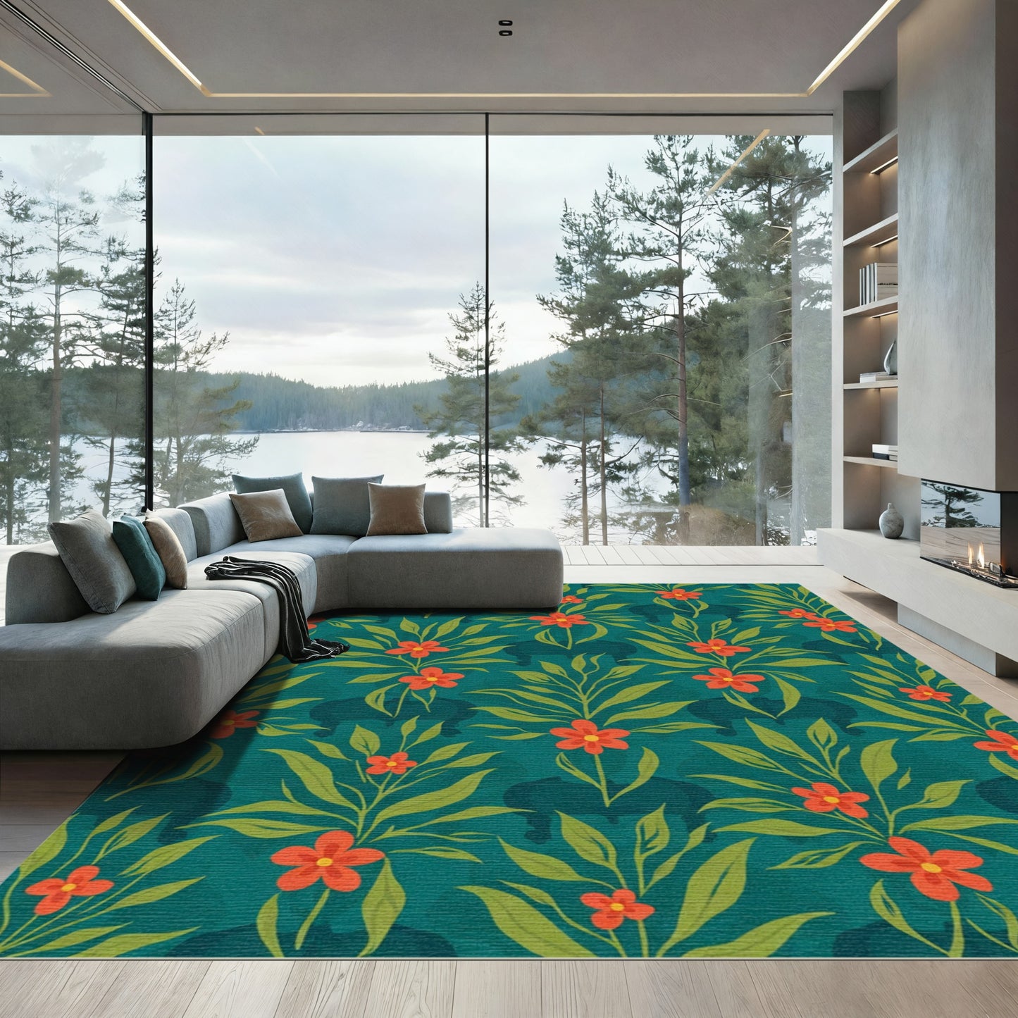 Teal Tropical Floral Elephant Silhouette Rug
