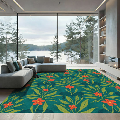 Teal Tropical Floral Elephant Silhouette Rug