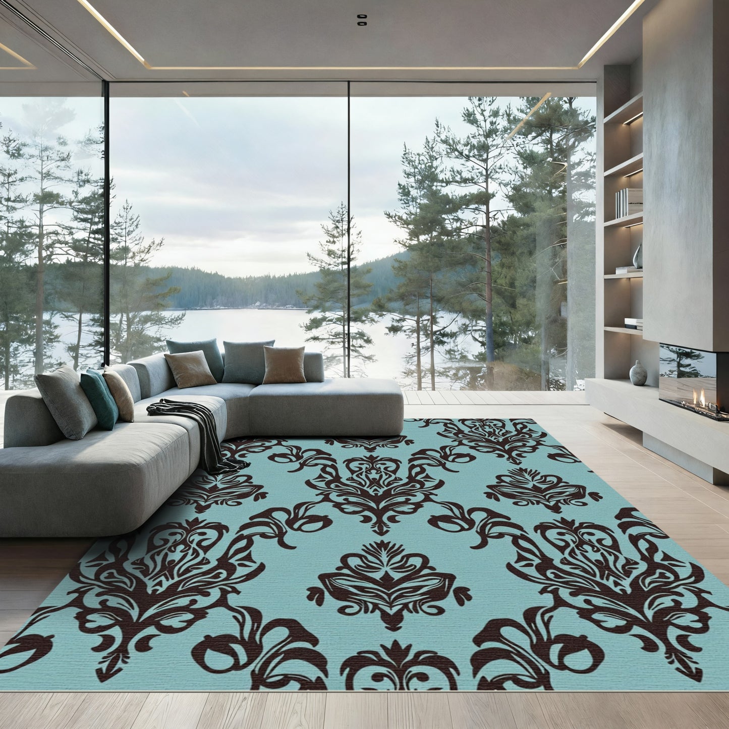 Dark Brown Damask Teal Classic Flourish Rug