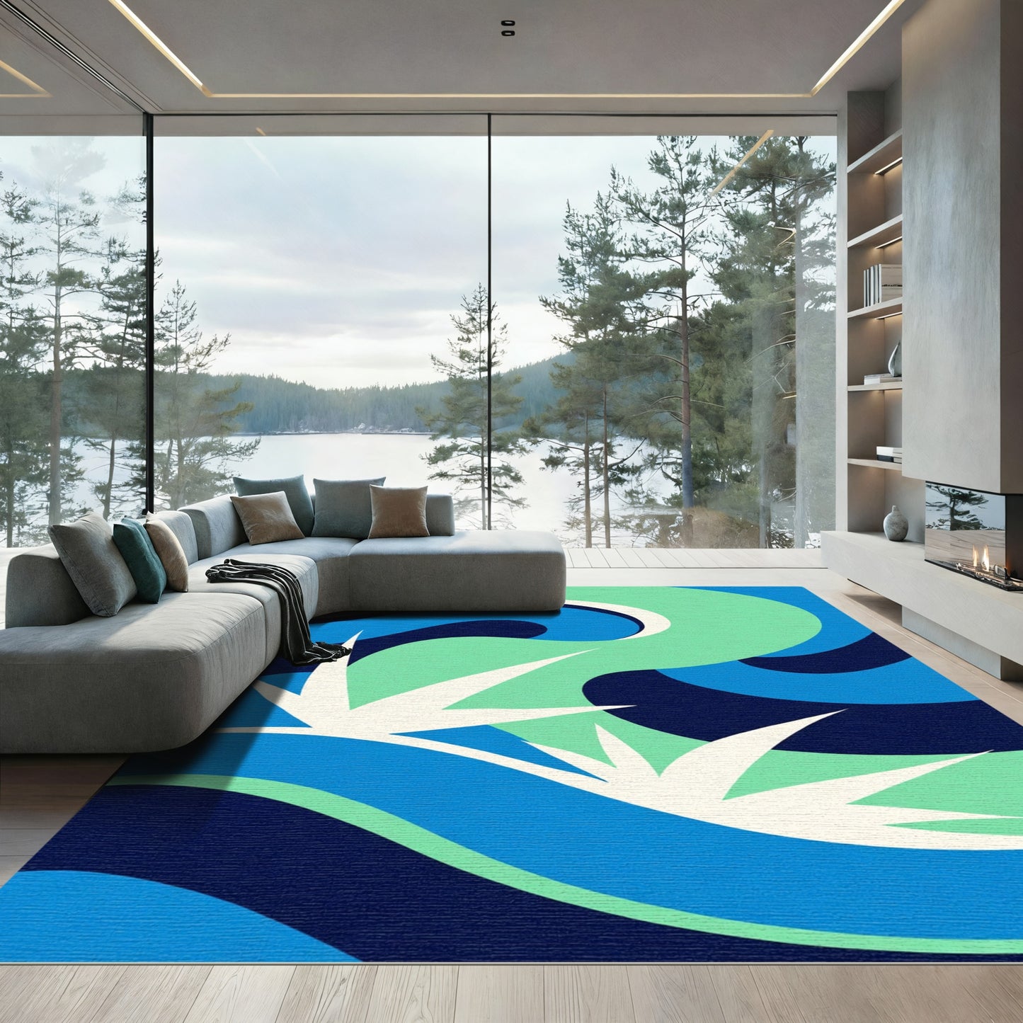 Bold Blue Abstract Wave Composition Rug