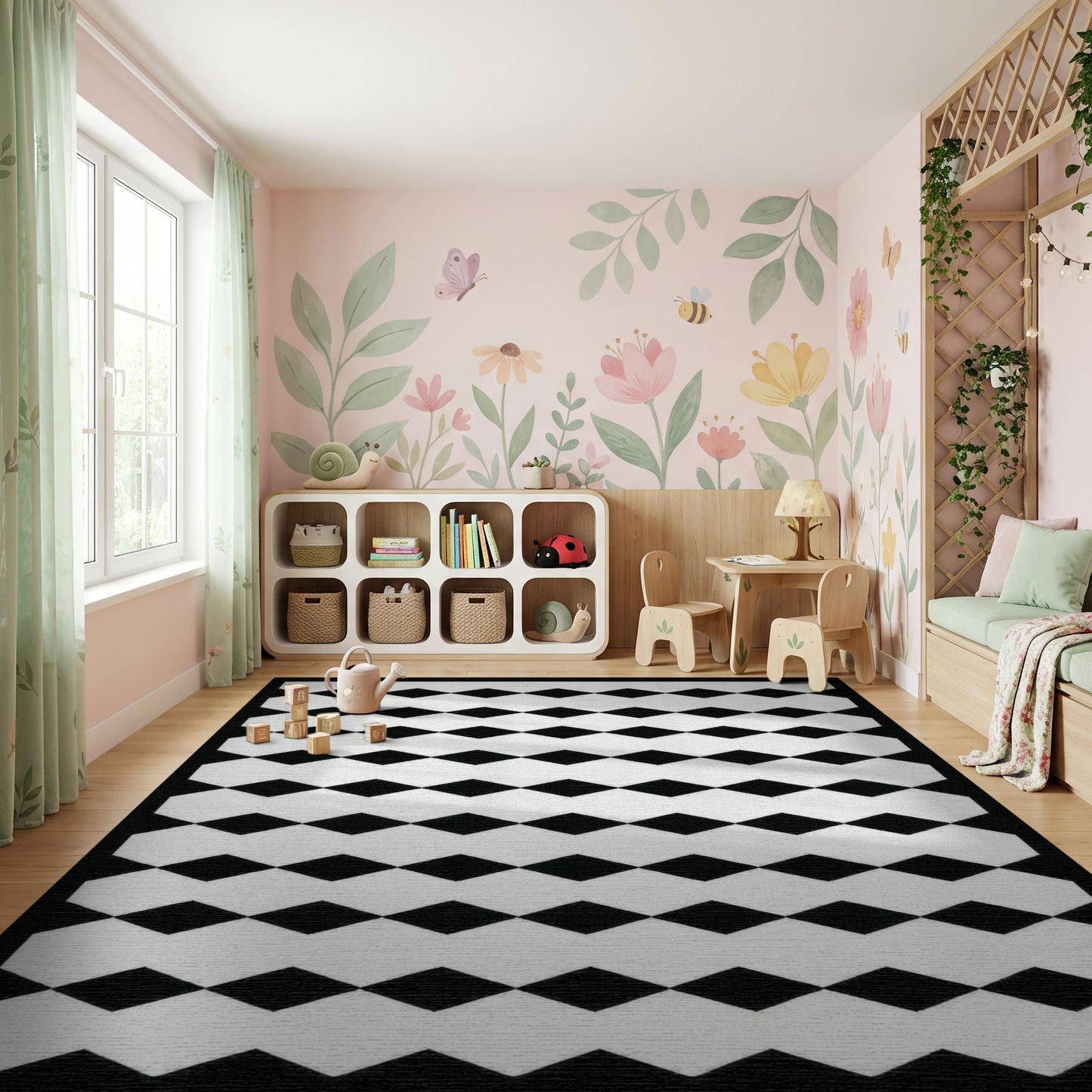 Black and White Diamond Geometric Rug