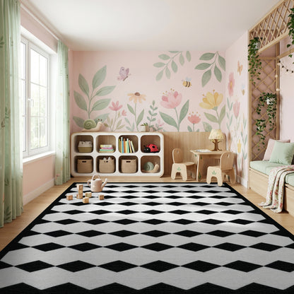 Black and White Diamond Geometric Rug