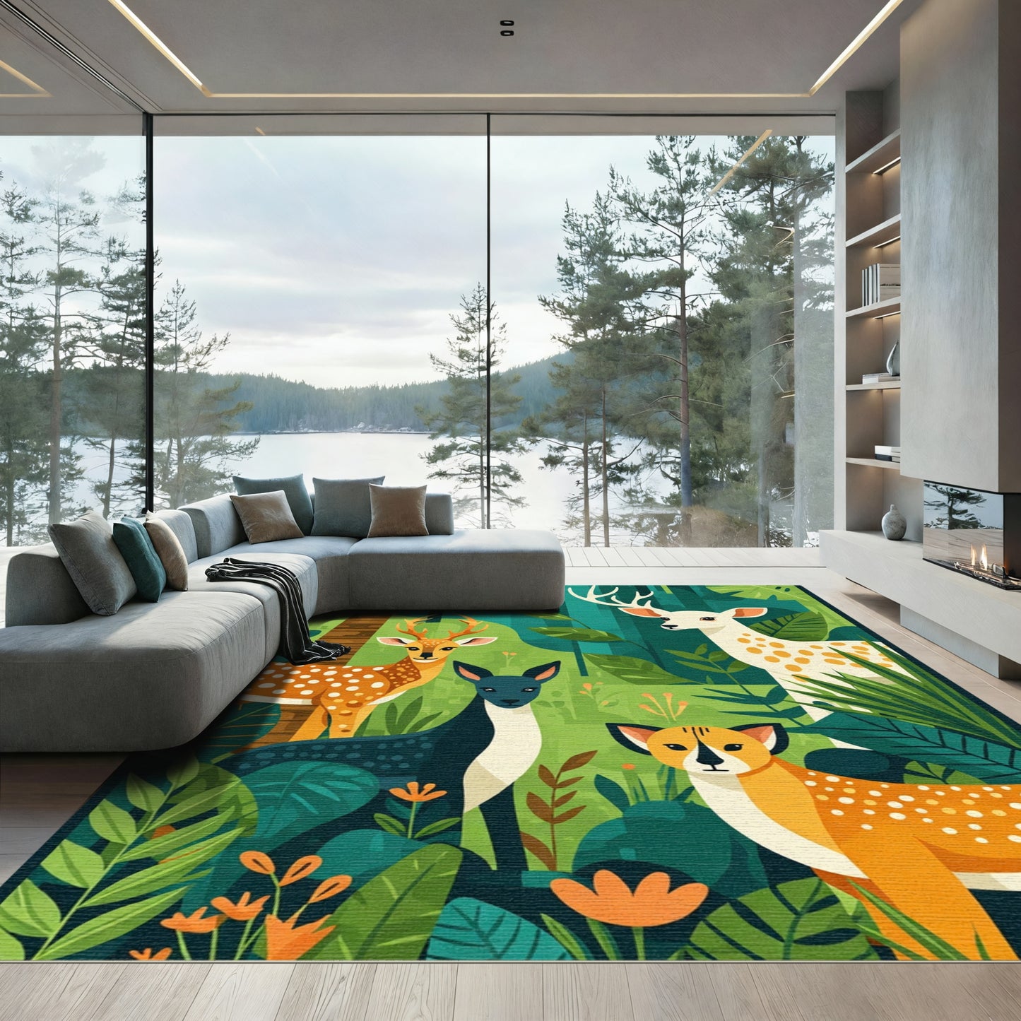 Jungle Animals Lush Forest Scene Rug