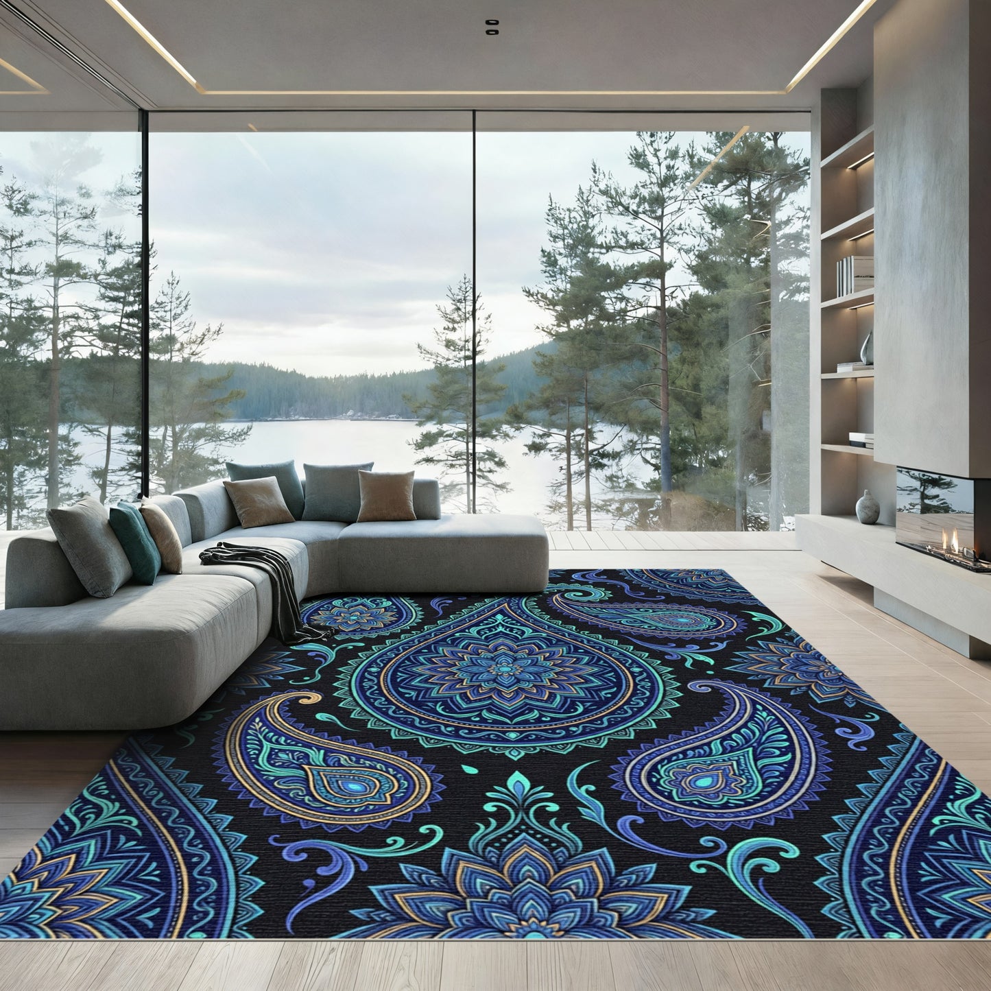 Midnight Blue Ornate Paisley Mandala Rug