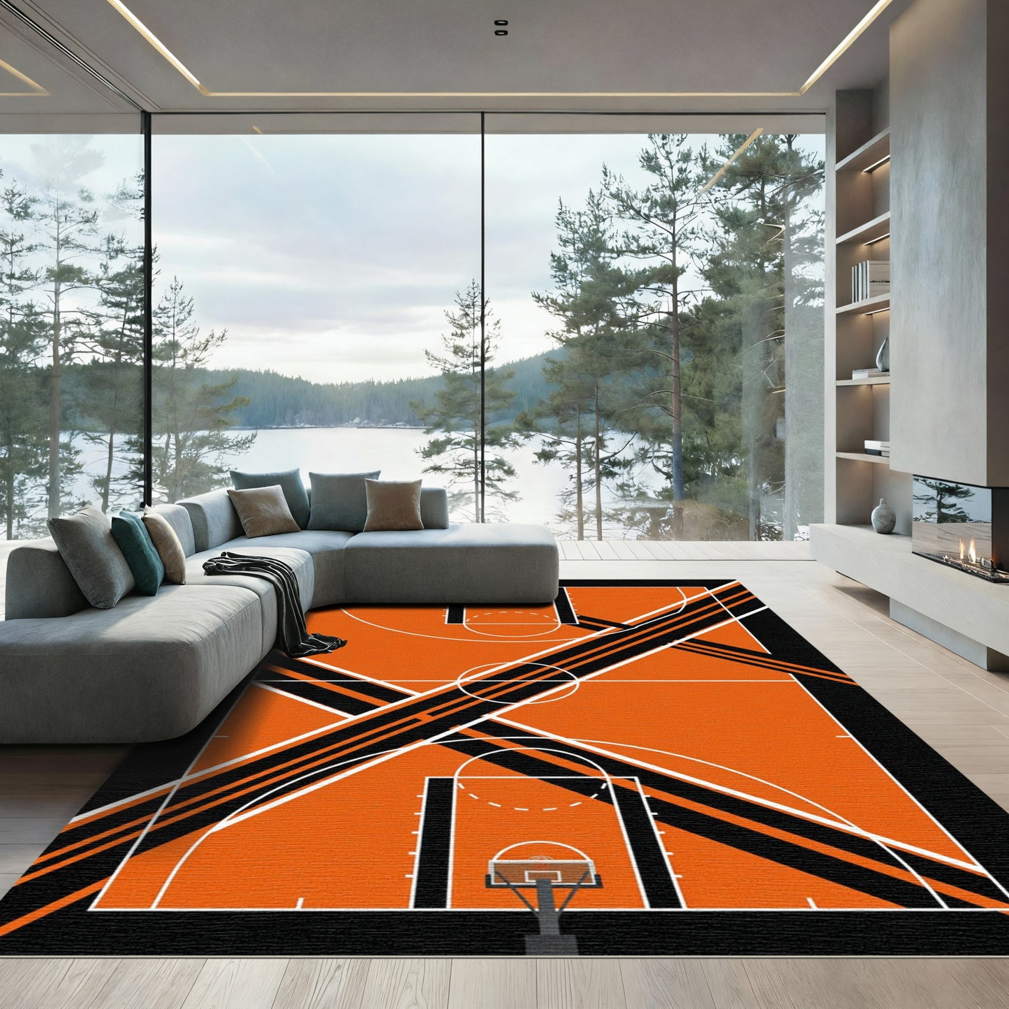 Abstract Orange Black Court Geometric Rug