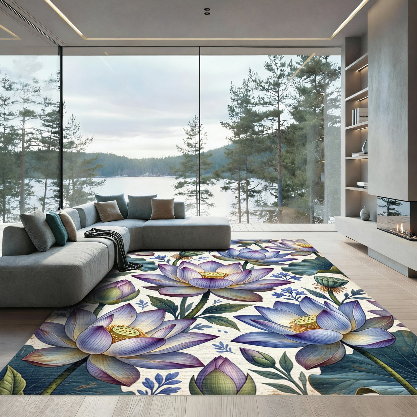 Vibrant Purple Lotus Garden Composition Rug