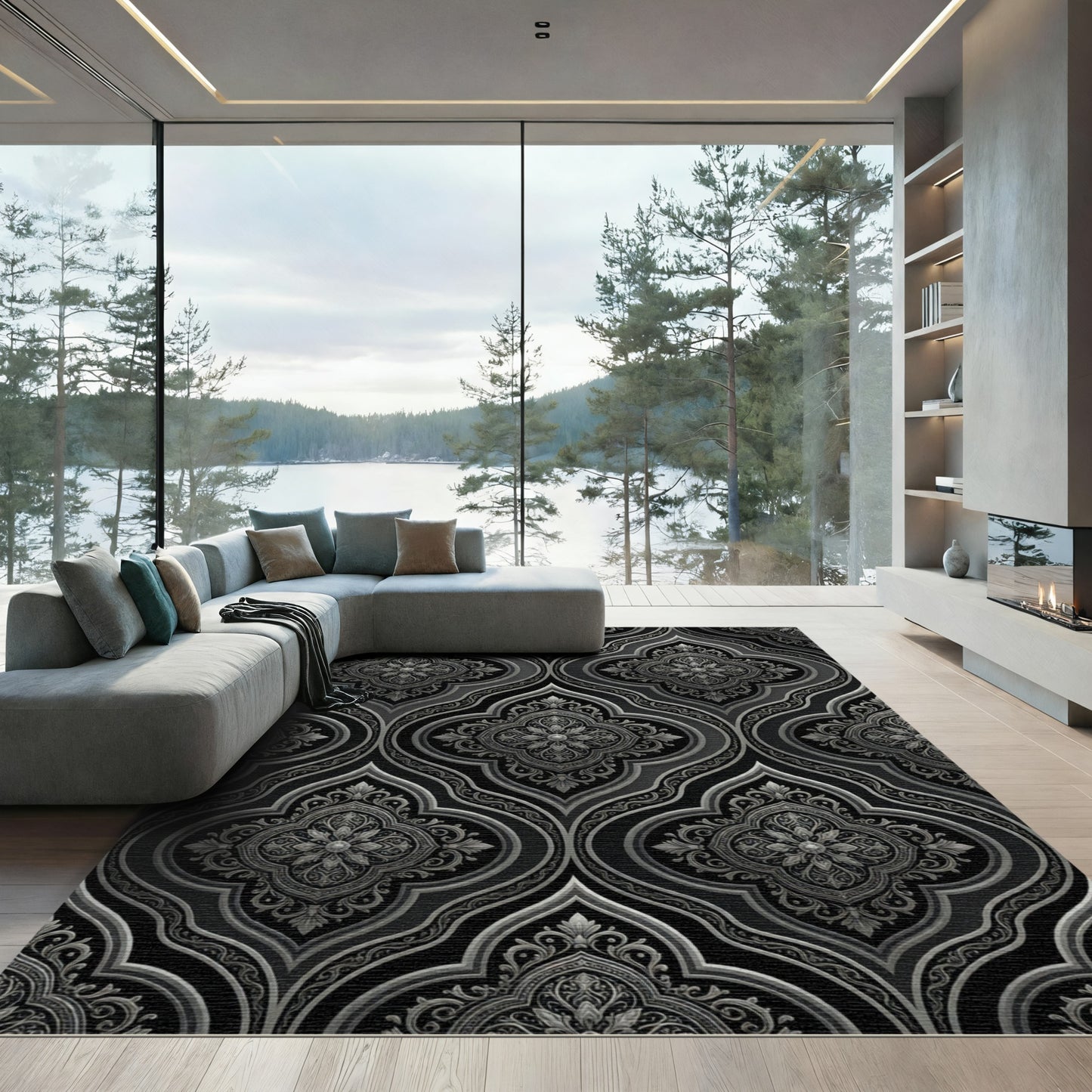 Ornate Black Silver Arabesque Rug