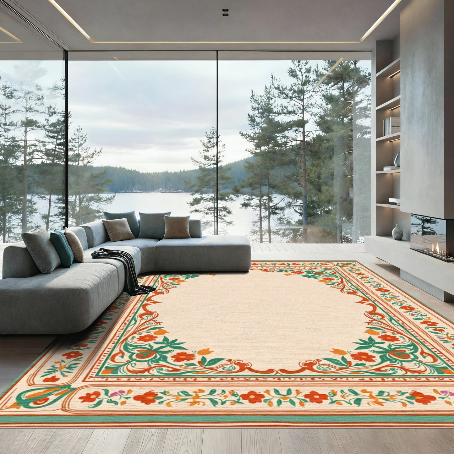 Vibrant Red Orange Green Floral Border Rug