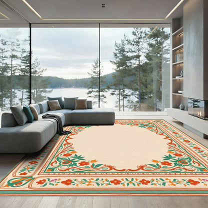 Vibrant Red Orange Green Floral Border Rug