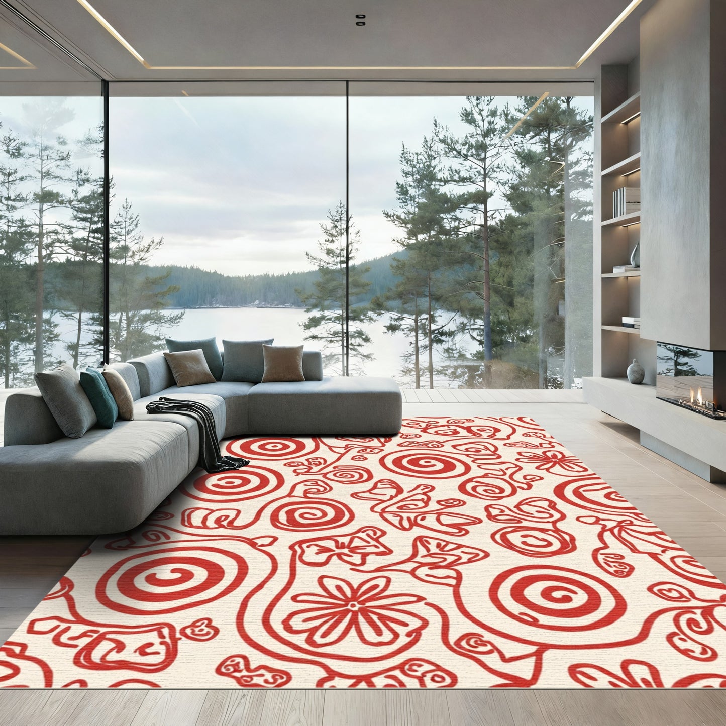 Crimson Floral Swirls Abstract Rug
