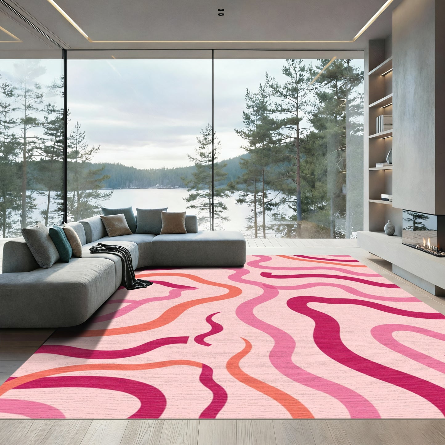 Fuchsia Pink Coral Wavy Lines Rug