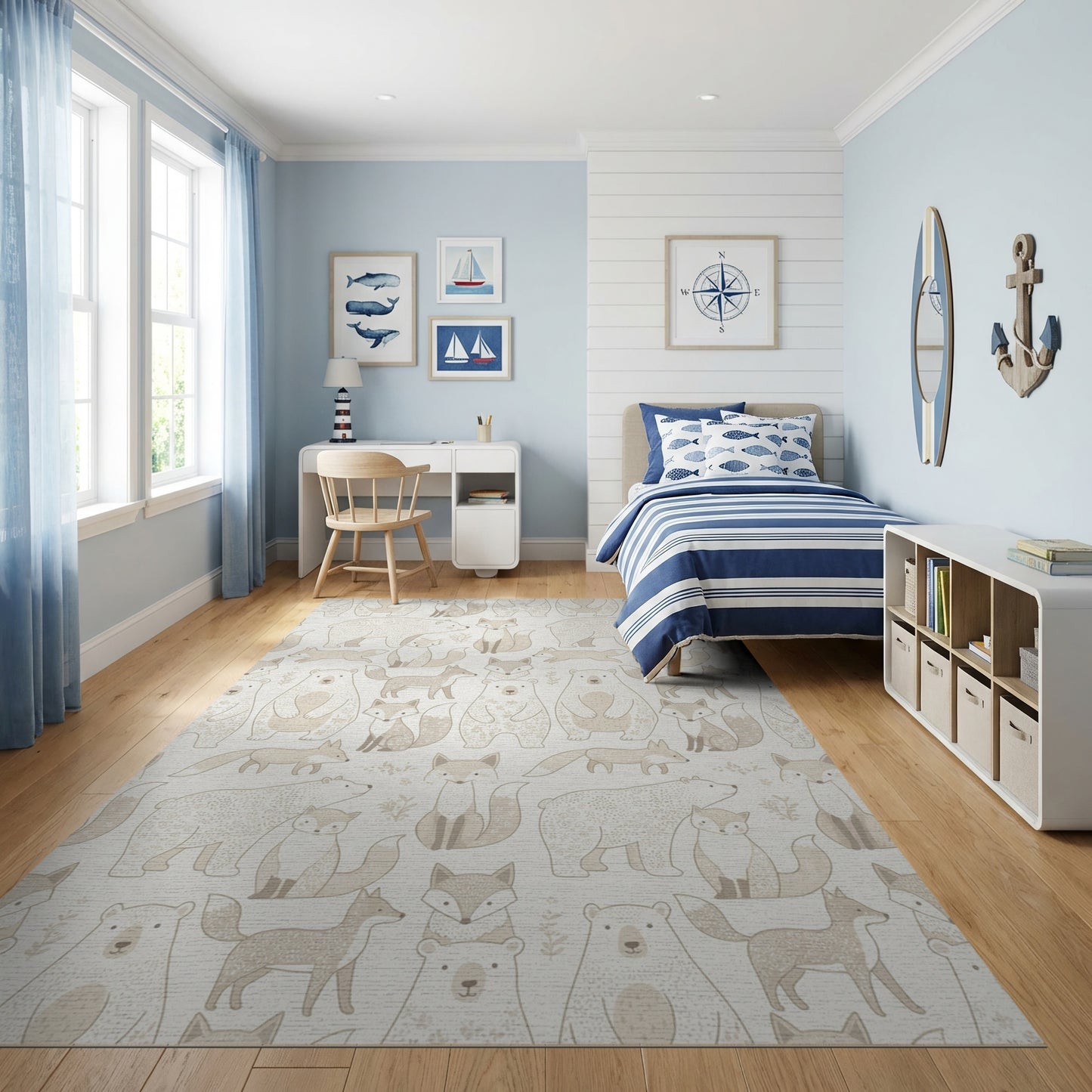 Whimsical Beige Fox Polar Bear Rug