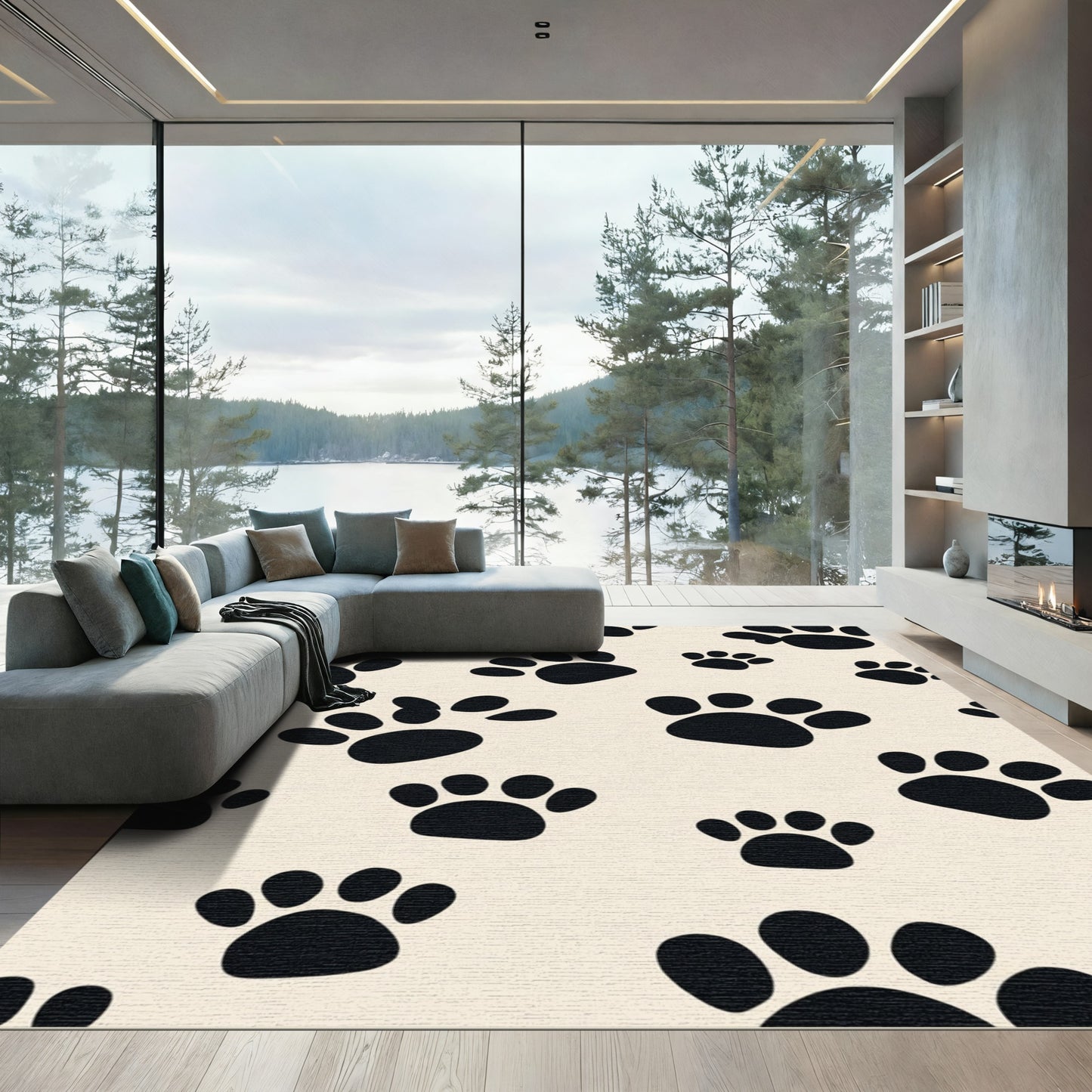 Black Paw Prints Cream Background Rug
