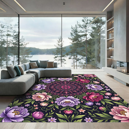 Ornate Floral Mandala Dark Peony Rug
