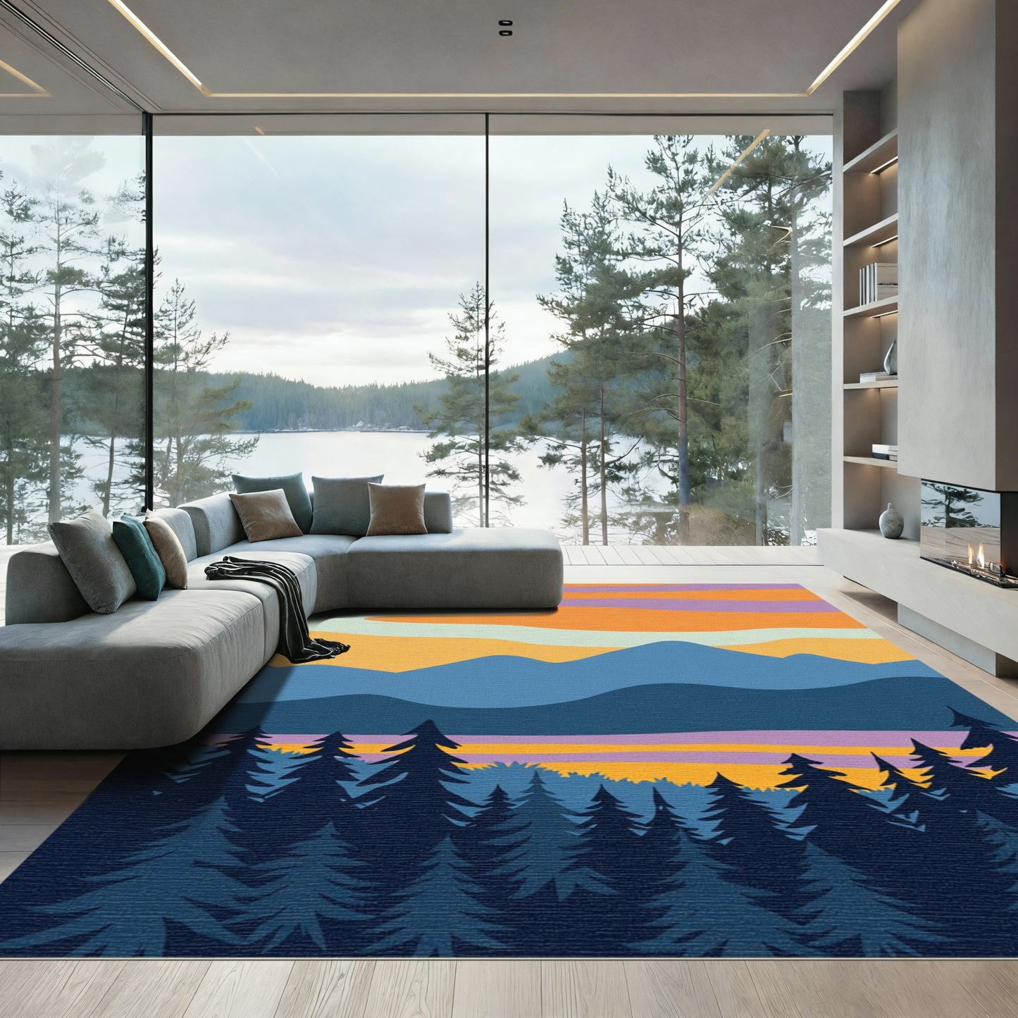 Retro Sunset Mountain Forest Layers Rug