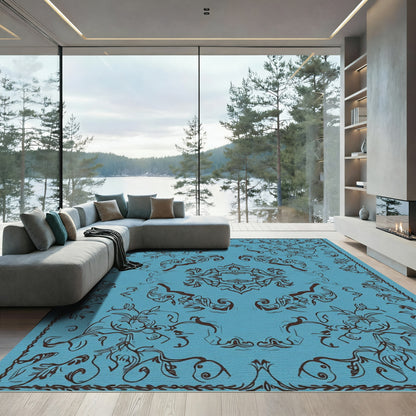 Deep Blue Ornate Floral Scroll Rug