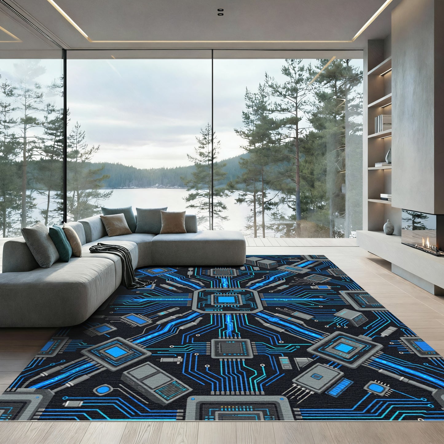 Neon Cybernetic Circuitry Glow Tech Grid Rug