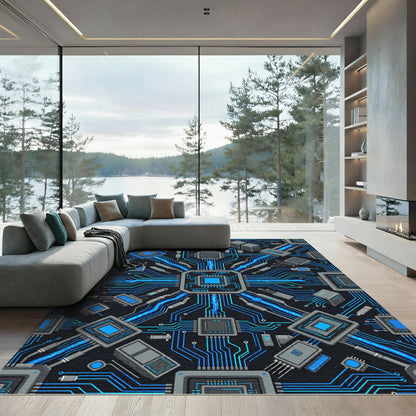 Neon Cybernetic Circuitry Glow Tech Grid Rug