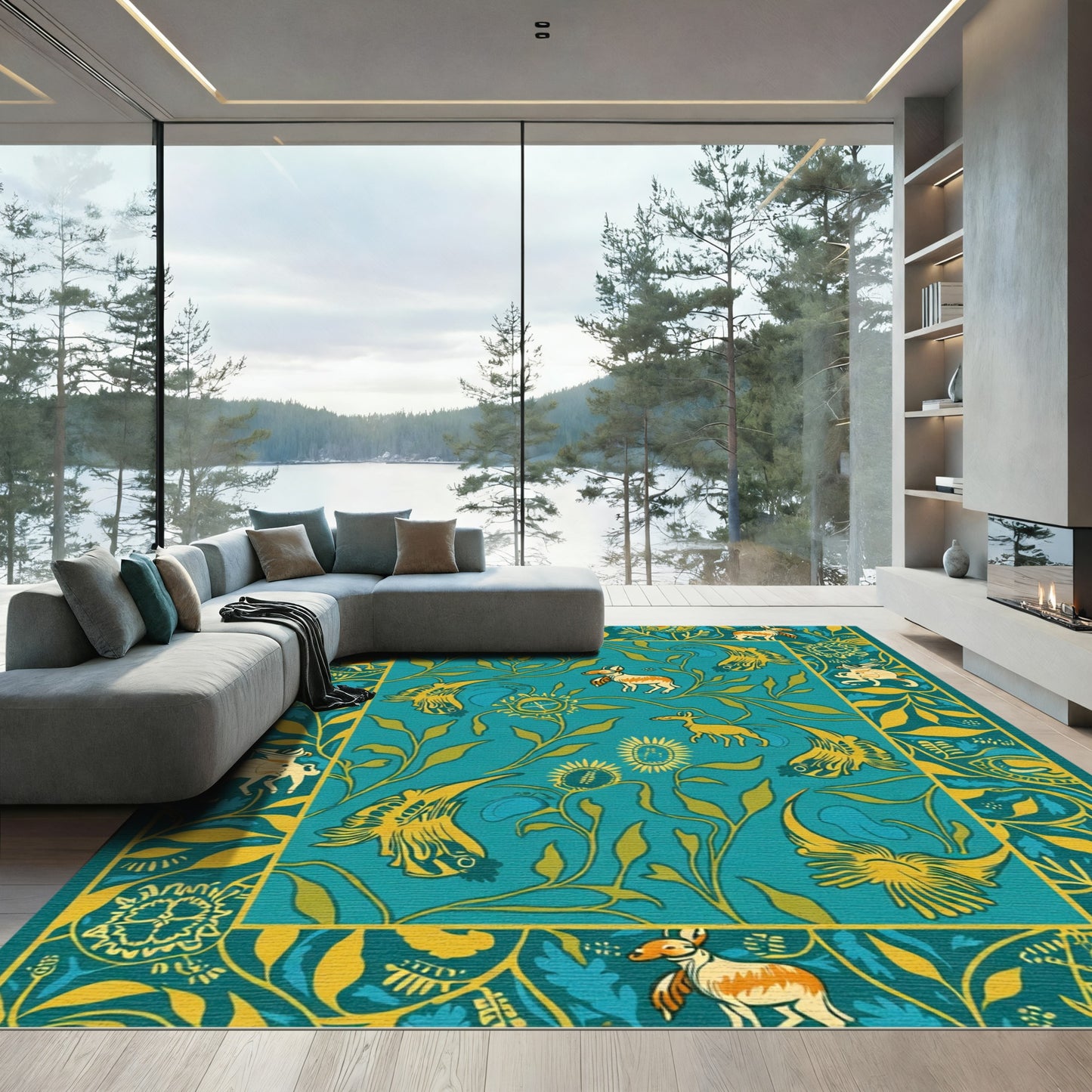Teal Gold Woodland Creatures Garden Rug
