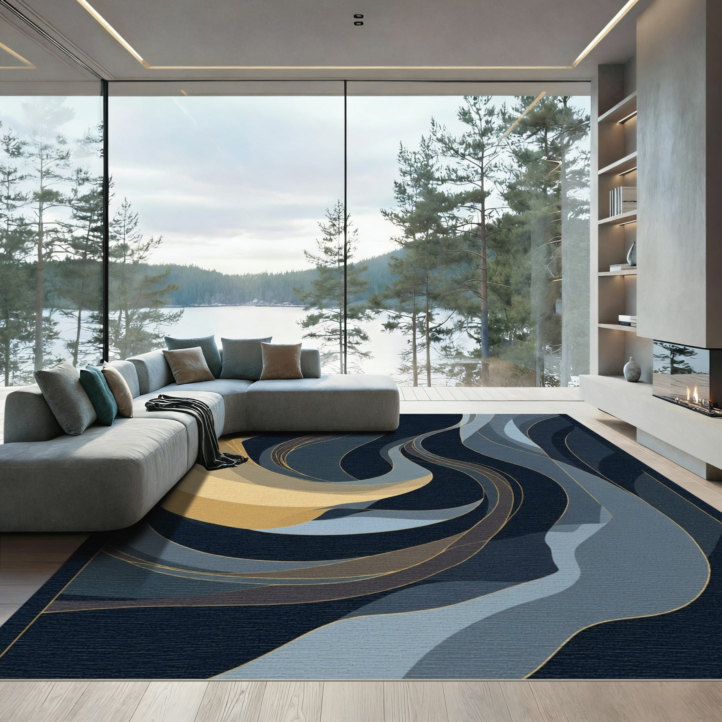 Abstract Gold Blue Swirl Ribbon Flow Rug