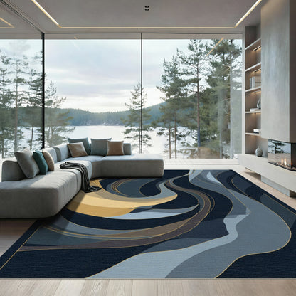 Abstract Gold Blue Swirl Ribbon Flow Rug
