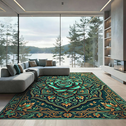 Teal Floral Rose Medallion Art Rug