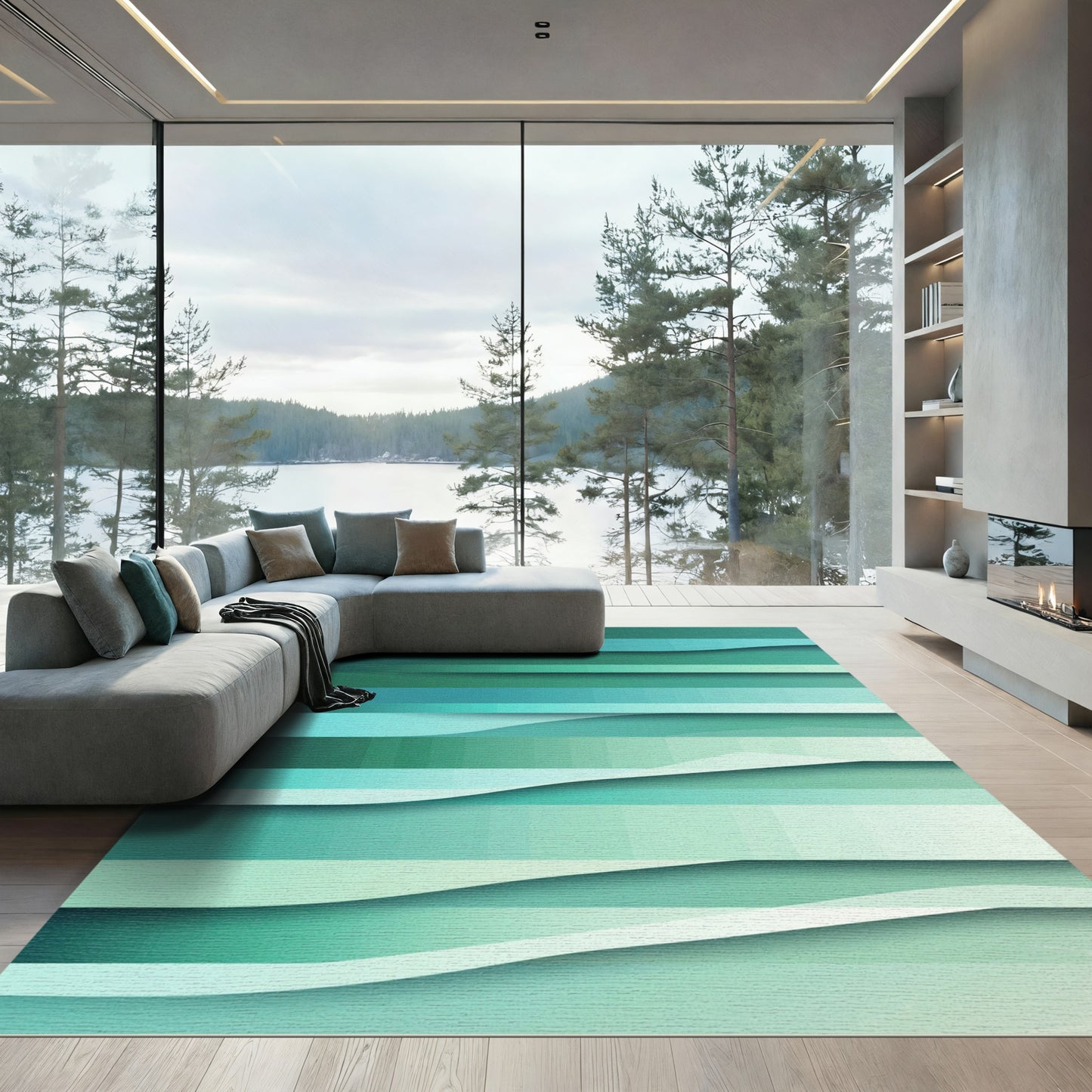 Gradient Teal Horizon Wavy Stripes Rug