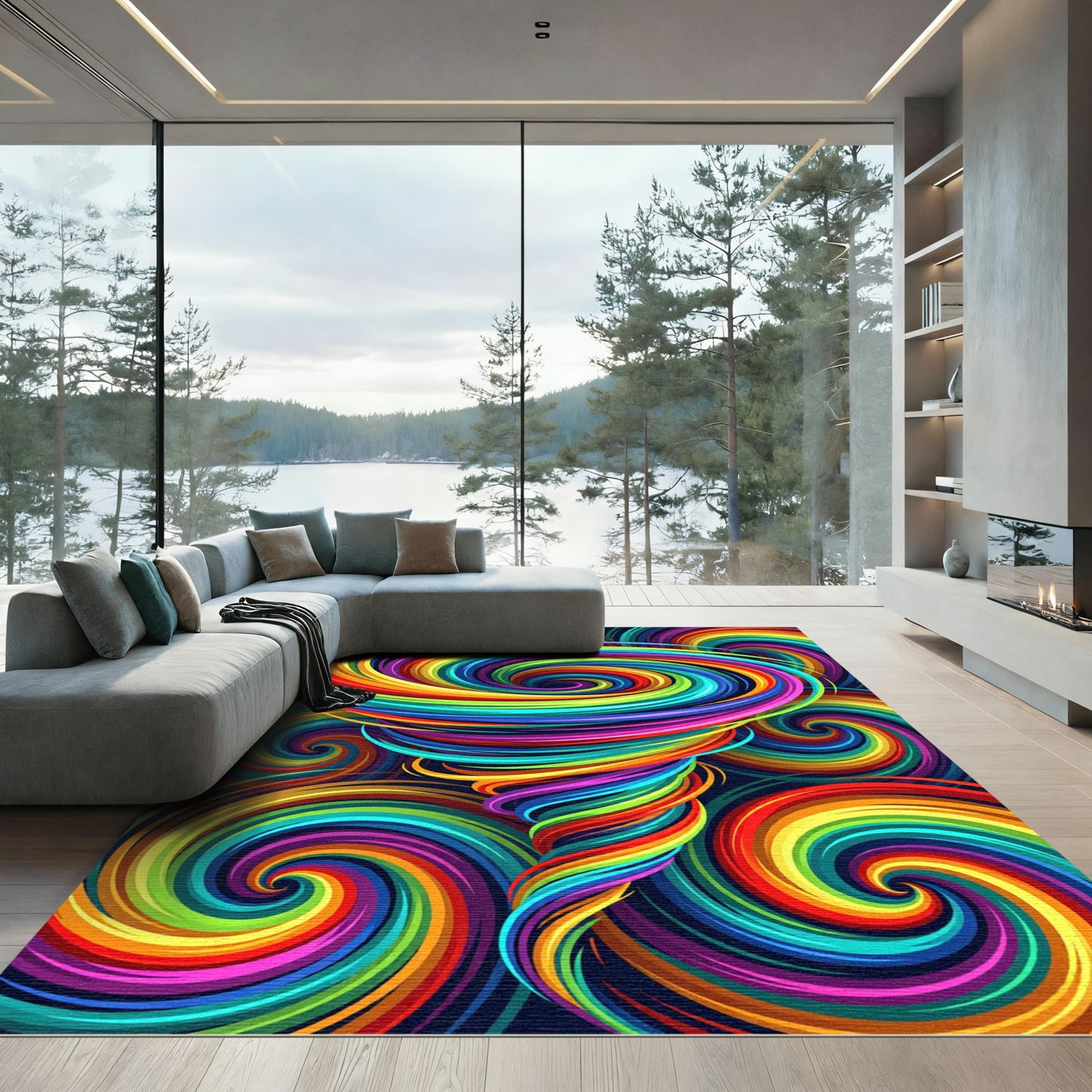 Vibrant Rainbow Swirl Vortex Abstract Rug